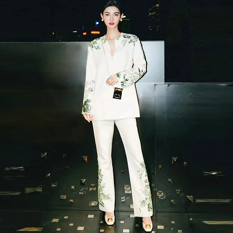 JAMERARY Runway Beads Diamonds Sequins Two Piece Suits Coats Women Set Long Sleeve White Blazers Wide Leg Long Flared Pants