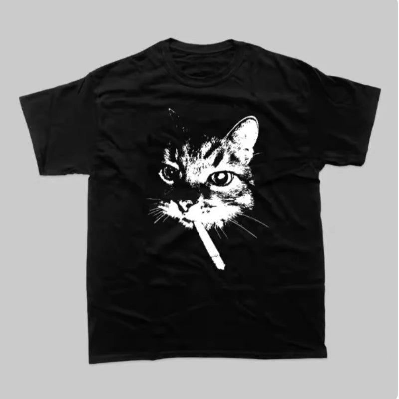 New Street Smoking Cat Retro Printed Crewneck T-shirt Women Fashion Short Sleeves Funny Cat Meme Tops Women Clothing