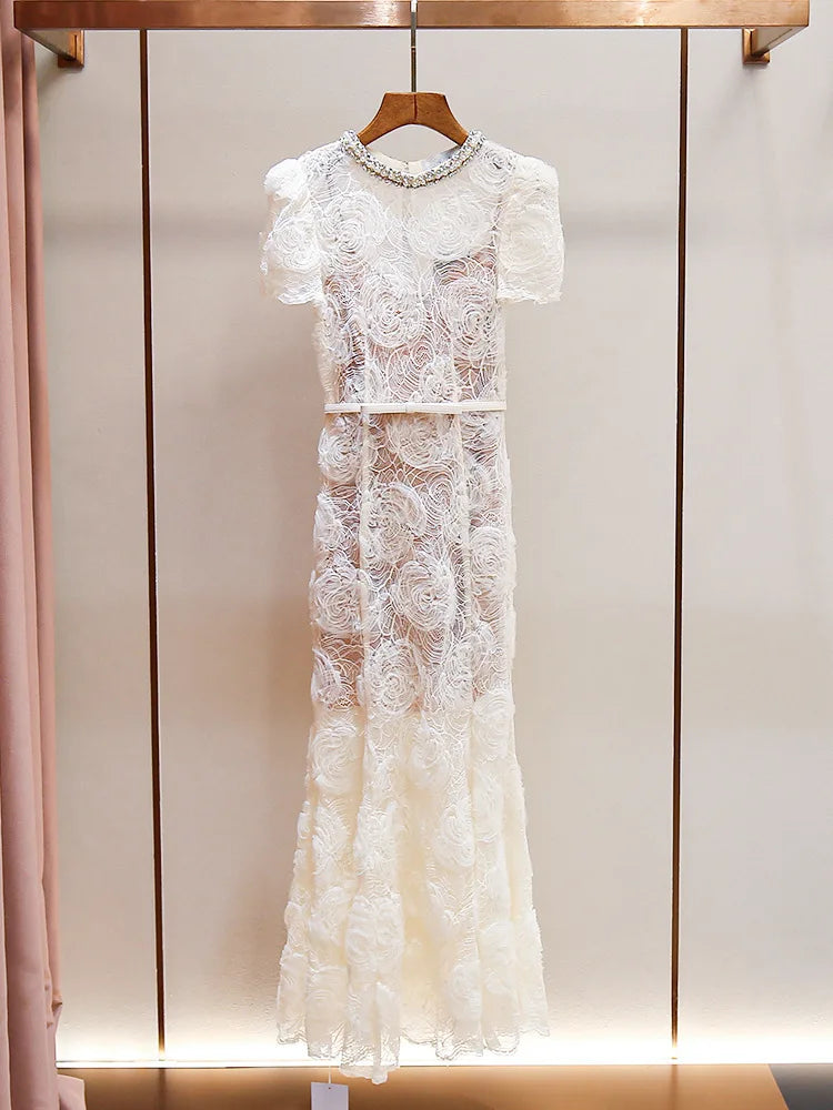 Pearl Chain Neck Crystal Luxury Formal Evening Dresses Women Fishtail Summer Lace Vestidos Party Embroidery Mermaid Long Dresses