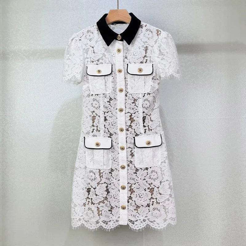 Evening Party Dress Women Elegant Sweet Single Breasted Golden White Lace Short Dresses Crochet Hollow Out Peter Pan Collar