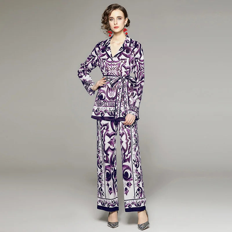 Casual Two Piece Set Women Floral Shirts Wide Leg Pants Suits 2pcs Outfit Purple Porcelain Print Summer Autumn Tops Trousers